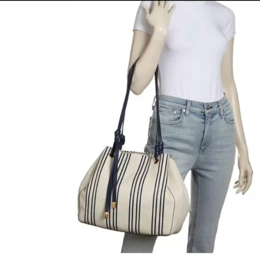 Tory Burch Cream and Navy Striped Drawstring Bucket Shoulder Bag - Picture 3 of 13